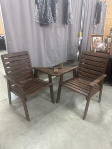 Corner chairs with attached table. Great for smaller decks.